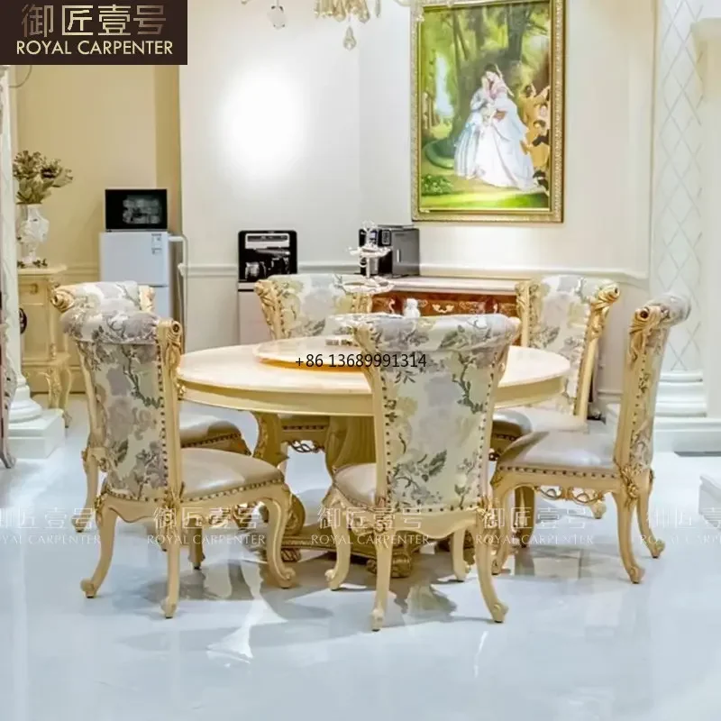 Luxury European villa round table dining chair palace solid wood table chair combination custom marble turntable dining table