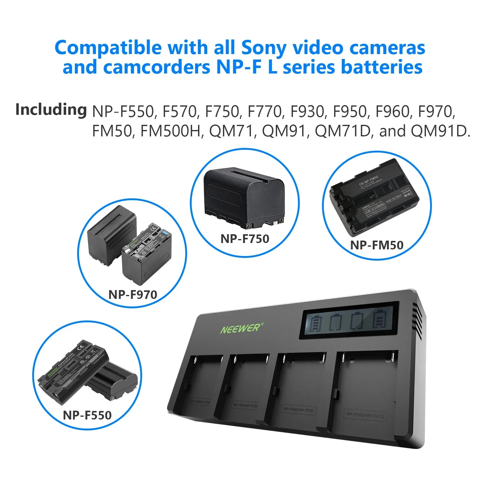 Neewer 4-Channel NP-F Battery Charger with LCD Screen & Power Adapter For  Camcorder Li-ion Batteries