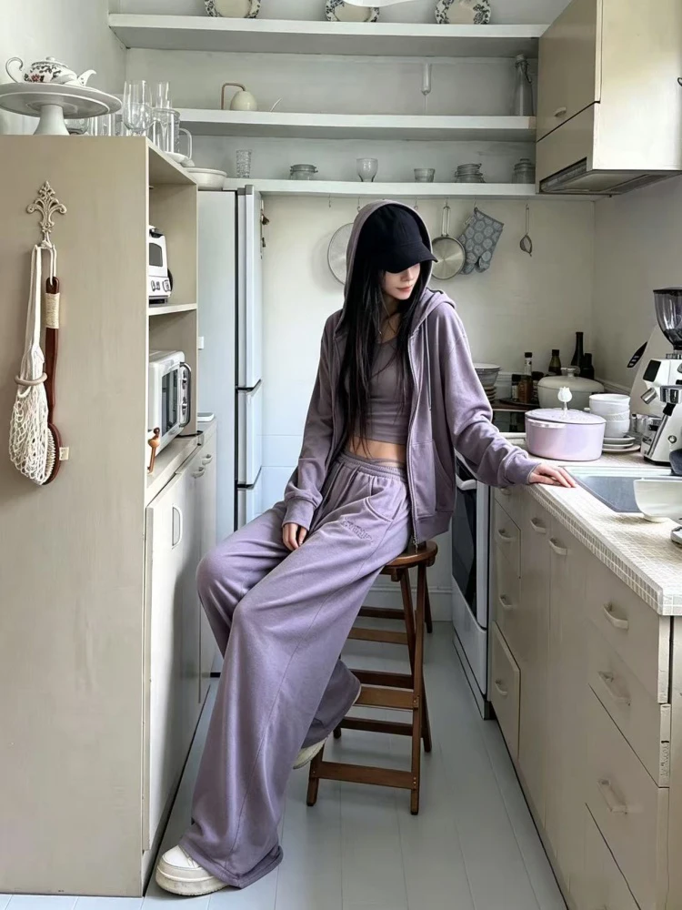 Retro Casual Style Women's Hoodie Set Loose Fit Slimming Zipper Three-Piece Set Early Autumn Comfortable Lazy Loose Style