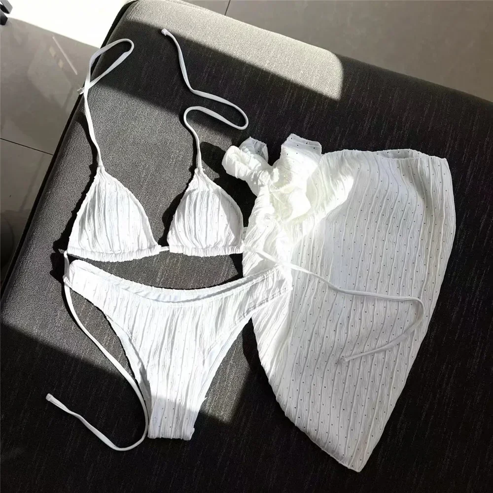 White Swimwear with Cover Up Halter Micro Thong 3 Piece Bikini Set Women Textured Swimsuit String Bathing Suit Bikinis Beachwear