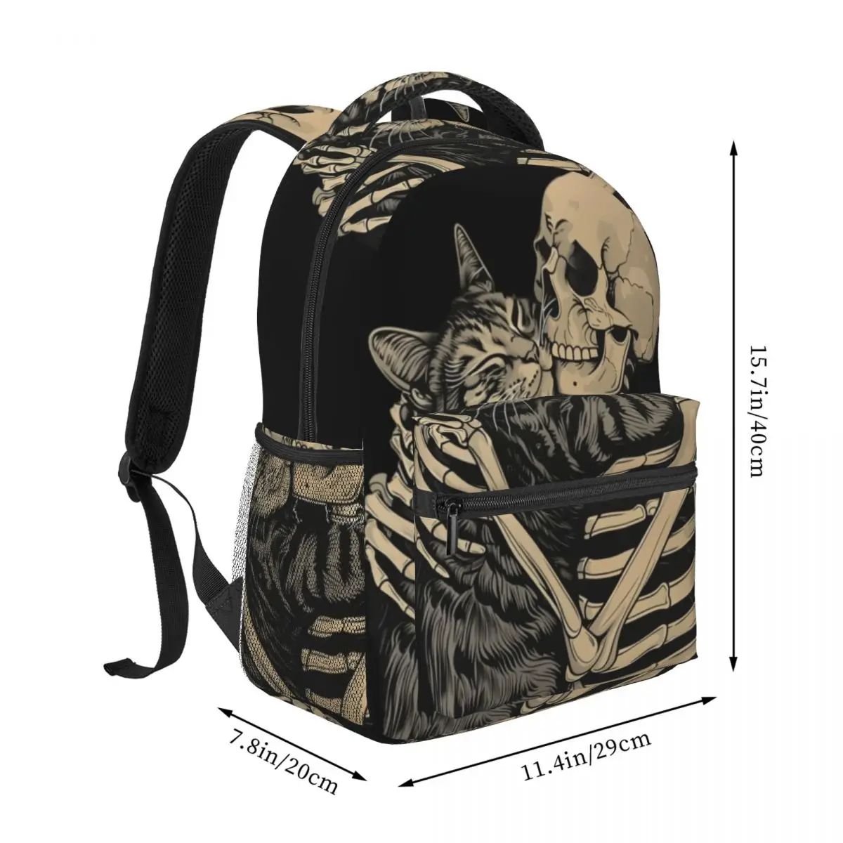 Aesthetic Animal Student Backpack Center Skeleton Hugging Cat Gothic Tattoo Illustration Sepia Black Cream Fun Bookbag for Girls
