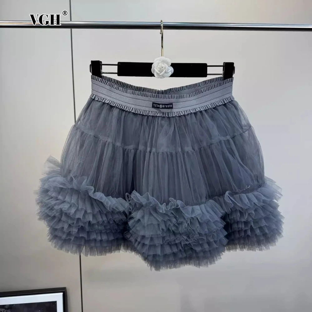 

VGH Patchwork Tierred Mesh Ball Gown for Women High Waist Spliced Elastic Solid Sweet Fashion Style Mini Skirts Female Clothes