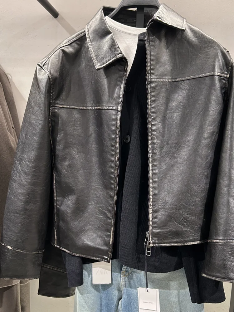 Spring 2026 Men's Loose Fit Washed Faux Leather Zipper Jacket Original Goods Stylish Outerwear Long Sleeve Polyester Fiber