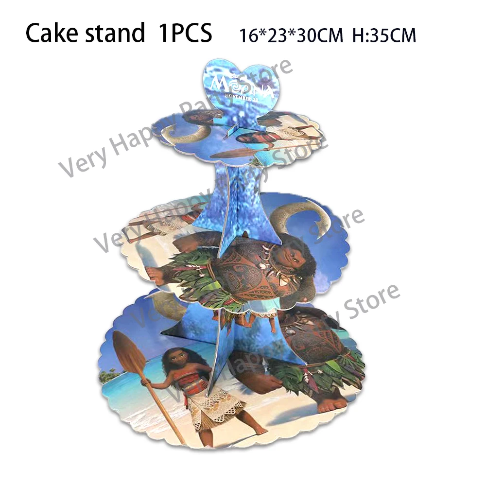 Soporte para pastel de Moana de Disney de 3 niveles, soporte para magdalenas, 1 juego por lote, exhibición de postres plegable desechable, suministros para fiesta de cumpleaños para niños