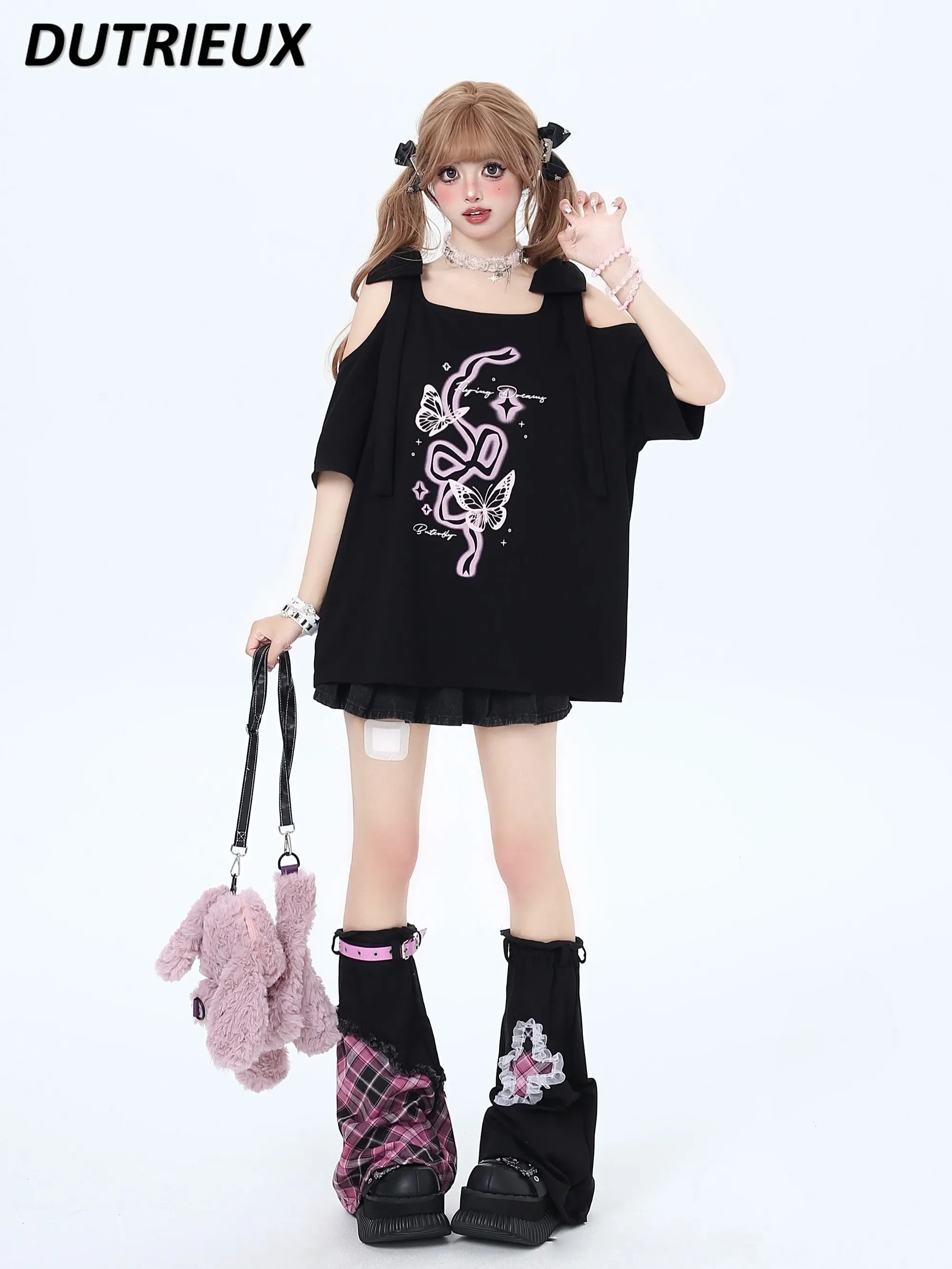 Original Niche Sweet Girl Bow Off-the-Shoulder T-shirt 2024 Summer New Loose Casual Black Short Sleeve Graphic T Shirts Y2k Top