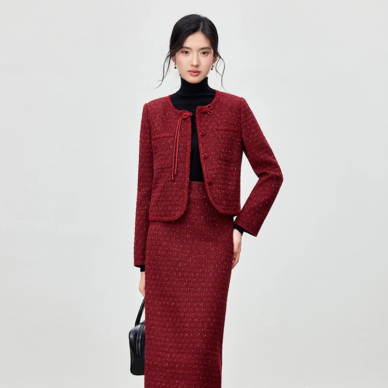 

SENTUBILA Red Wool Blend Tweed Set for Women Chinese Style Jacket & Back Slit Skirt Thermal 2026 Autumn 2 Piece Outfit 154ZA3734