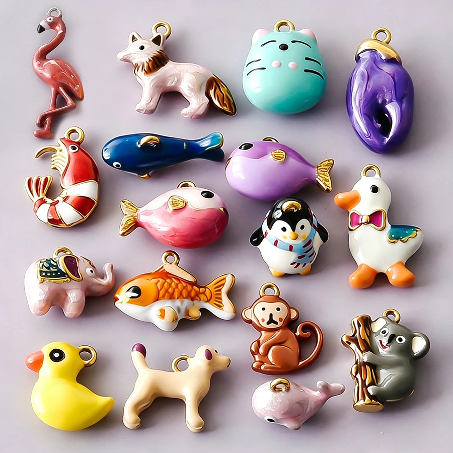 Real Gold Plated 316 Stainless Steel Enamel Animal Charm For Jewelry Making Bulk Lobster Fish Penguin Pendant Handmade Material