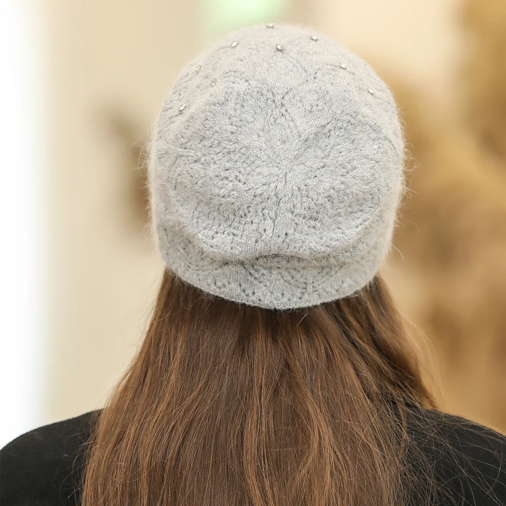 New Women Winter Hat Streetwear Rabbit Fur Blend Warm Cap Fashion Decorate Beanie Hat For Female Casual Knitted Hat