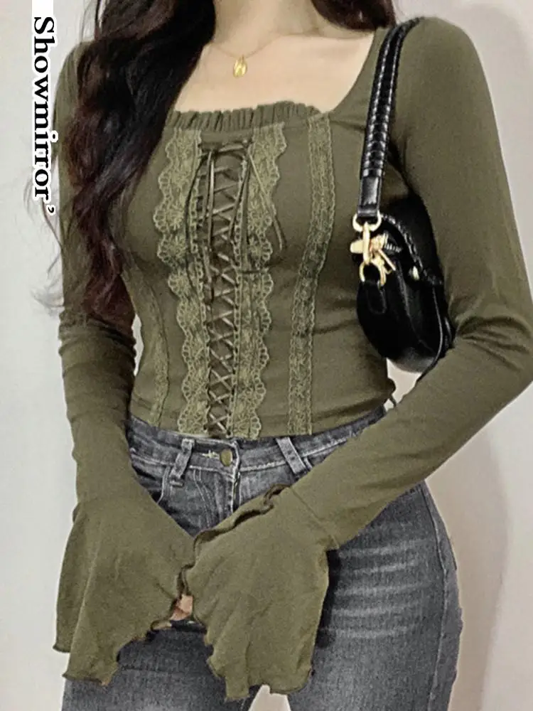 

gothic green Lace Patchwork Y2K Crop Top Women Elegant Flare Sleeve Vintage Tie Up Chic T-shirt Square Collar Cute Tee Fairycore