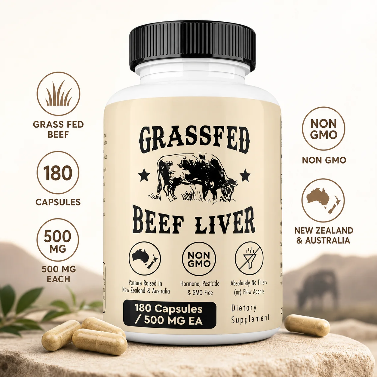 Grassfed Beef Liver Capsules 500mg Each, Pasture Raised Bovine Liver Supplement, Non GMO, 180 Capsules