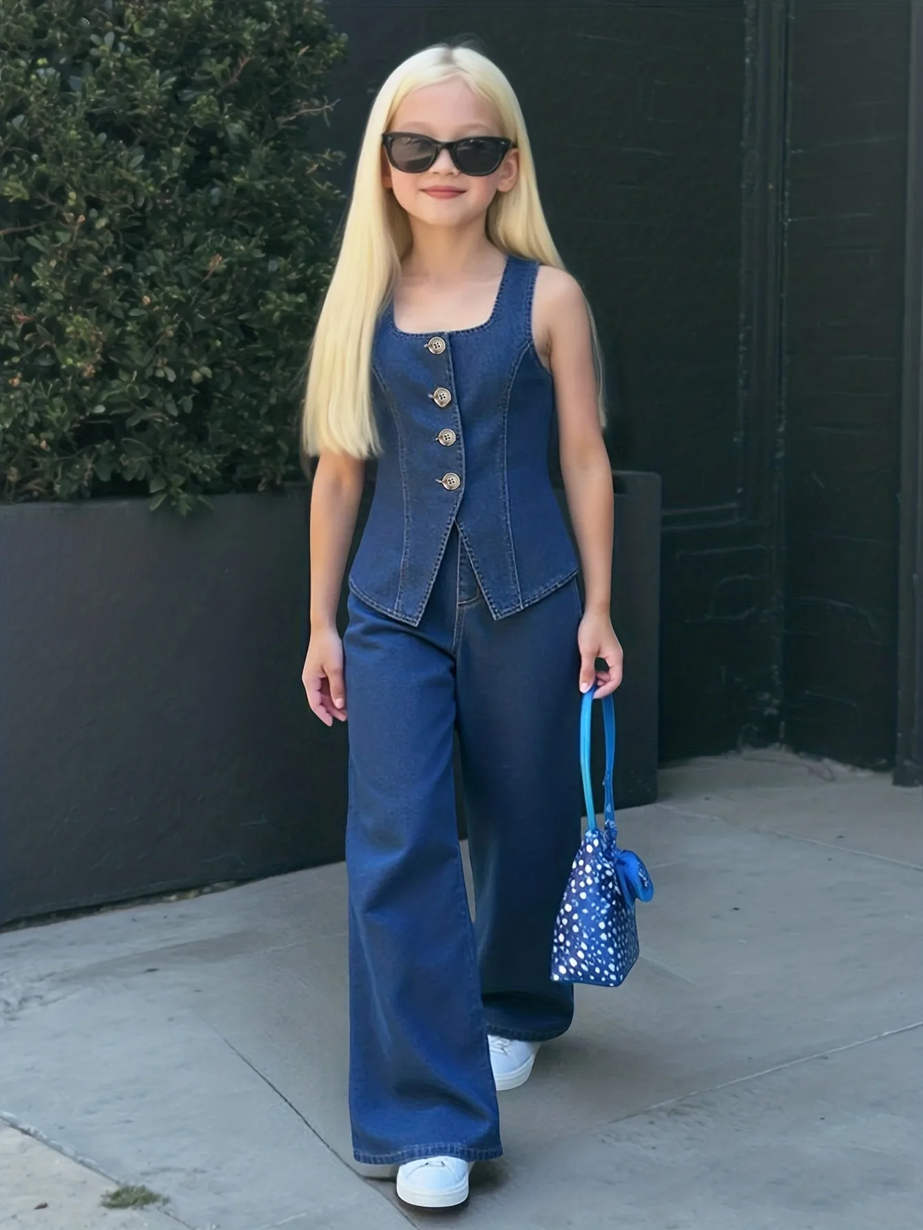 Comfy Kids Girls 2-Piece Denim Square Neck Sleeveless Vest & Wide Leg Pants Set Soft Breathable All-Match Daily School Wear