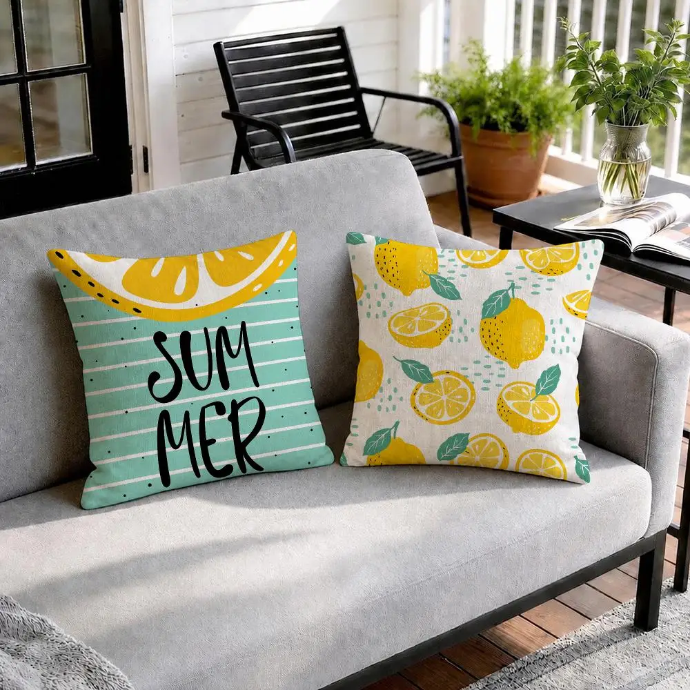 Refreshing Summer Lemon Cushion Cover Natural Linen Organic Fabric Double-Sided Printing Sofa Home Decor Gift Pillow Cover