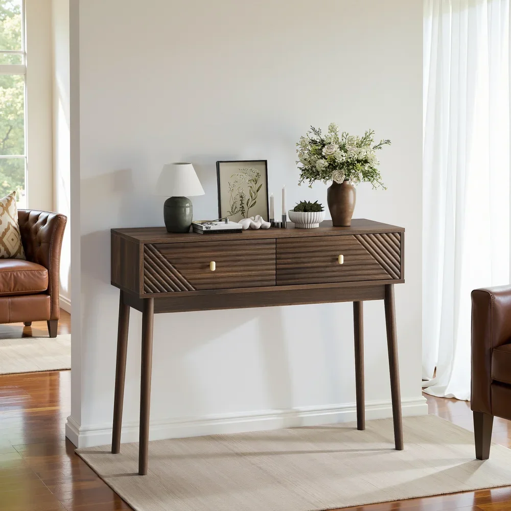 Schreibtisch, Mid-Century Modern Konsolentisch mit Schubladen. Retro-Empfangstisch mit offenen Regalen, moderner Beistelltisch für Wohnzimmer, Eingangsbereich und Flur, Walnuss-Finish.