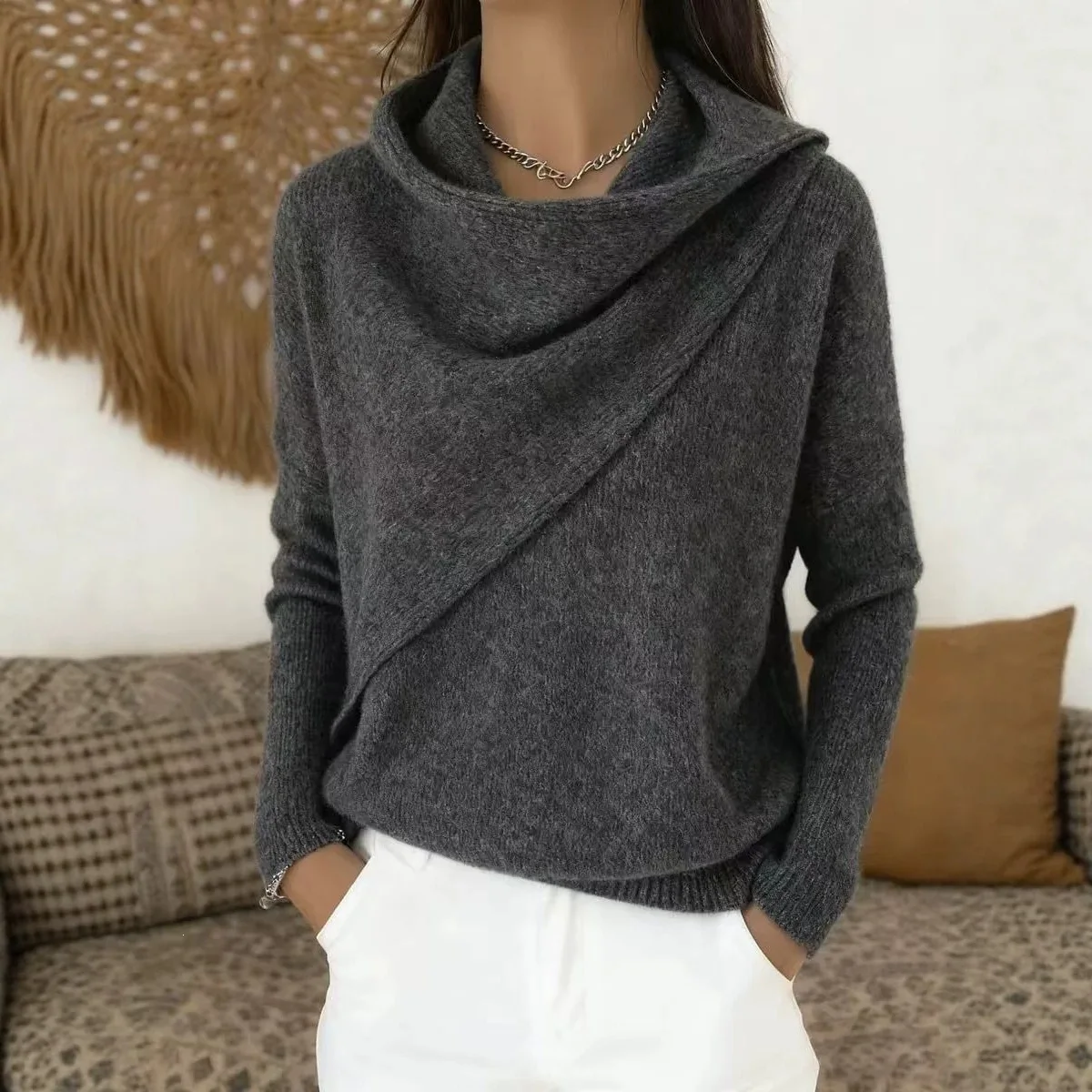 2026 Circular Neck Random Lazy Knit Pullover Sweater Autumn. And Winter New Solid Color Random Fashion Women's Clothing Party