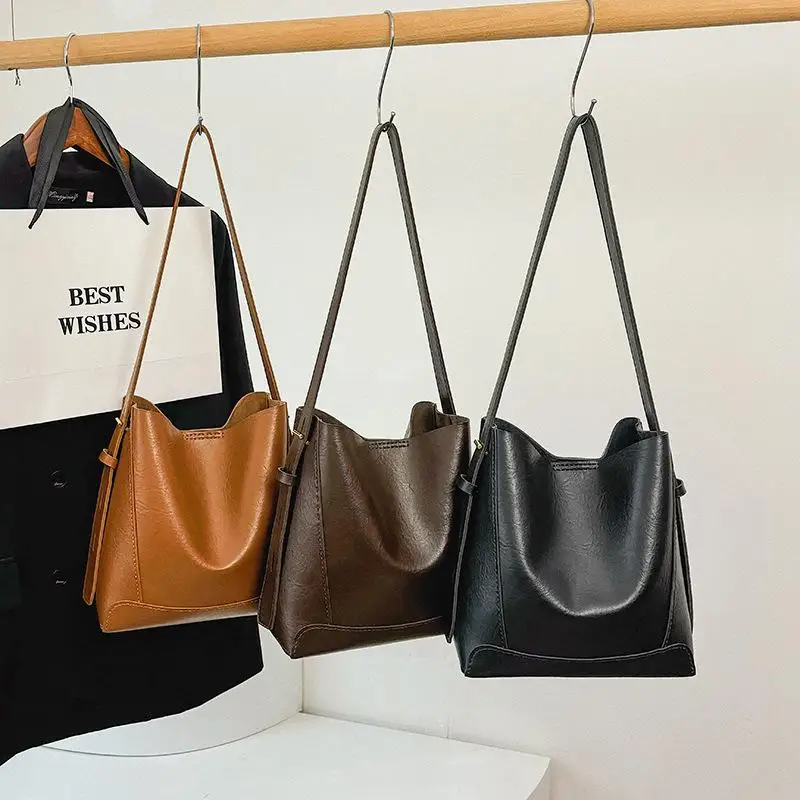 DIY Knitted Bag - Solid PU Leather Bucket Bag - Versatile Large Capacity Shoulder Bag - Beginner Set Dark Gray Womens Bag - view 4
