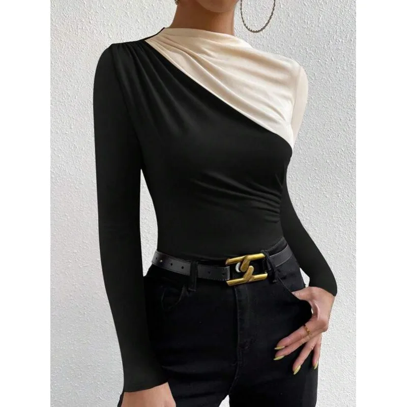 Elegant Women Color Block Asymmetric Neck Long Sleeve Top Draped Slim Fitted Blouse Night Club Party Evening Shirt Casual Outfit