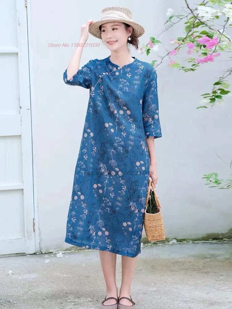 

2024 chinese vintage dress national flower print qipao dress cheongsam improved qipao dress traditional folk dress streetwear