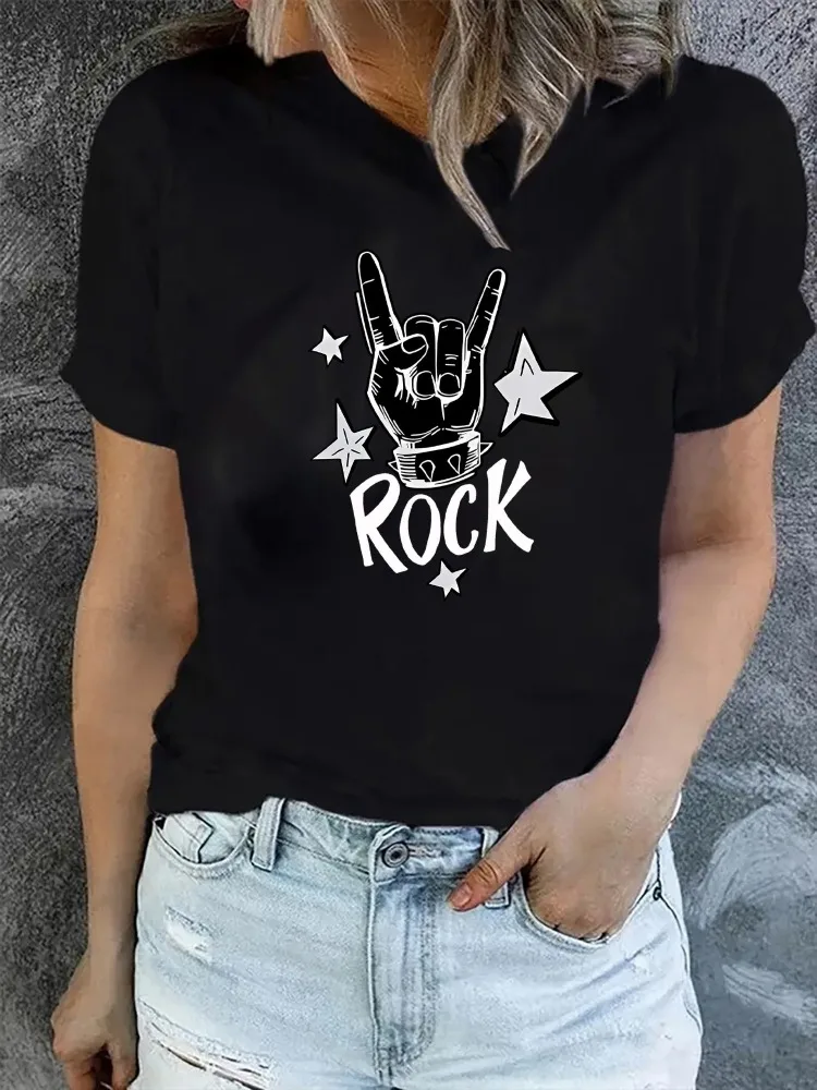 Camiseta Rock para mujer con estampado icónico de gesto de mano y selección de guitarra, ropa informal suave para todas las estaciones, Top de manga corta con cuello redondo