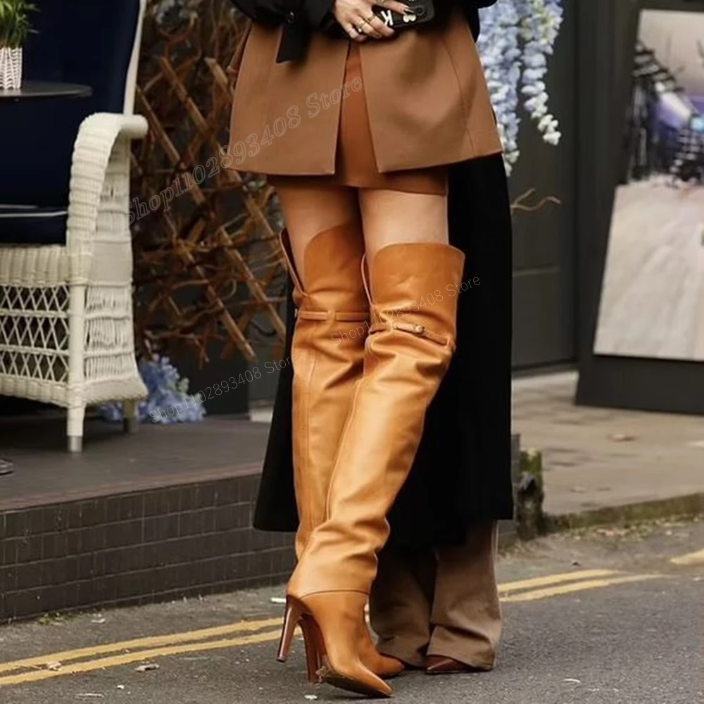 Brown Matte Leather Buckle Belts Over the Knee Boots Pointed Toe Stiletto High Heel Sexy Women Shoes 2024 Zapatos Para Mujere