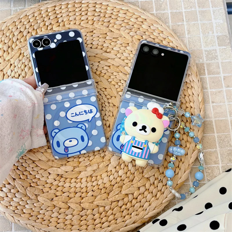 Cute Blue Polka Dot Magnetic Bear Phone Case For Samsung Galaxy Z Flip 5 6 7 FE 8 Foldable Cover With Magsafe Rilakkuma Stand