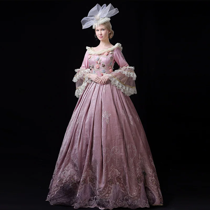 

Pink court clothes European retro dress party performance group party host photo adult woman vestidos con manga fiesta elegantes