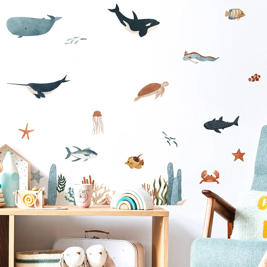 Sea Animals Wall Sticker Underwater World Fish Wall Decal Vinyl Nursery Art Decals for Babys Boys Room Home Decor