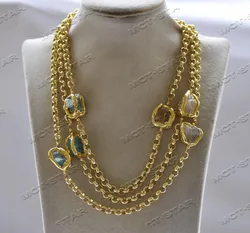 Z12659 56'' 20mm Baroque Amethyst Aquamarine Crystal Gold-Plated Chain Necklace