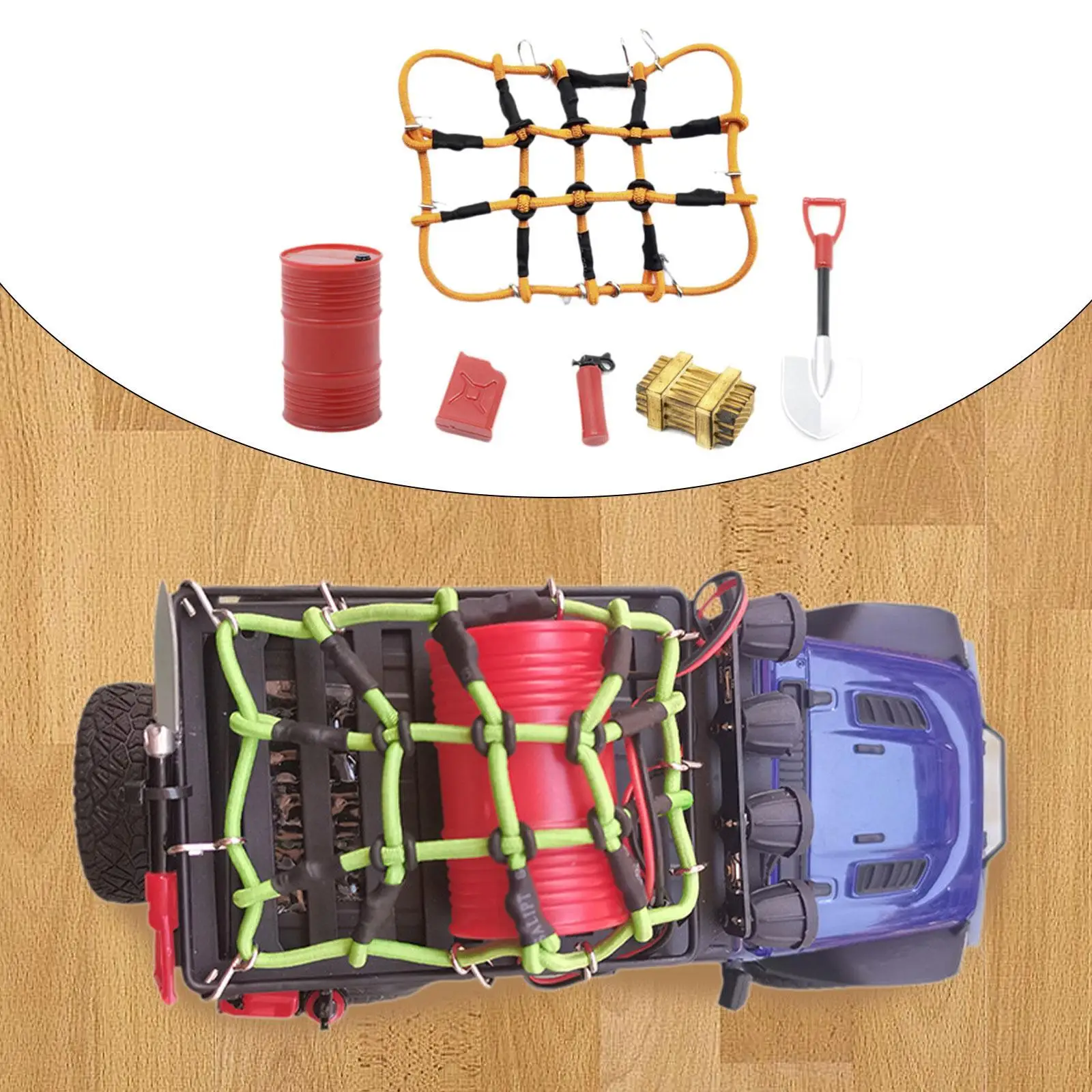 RC Crawler Accessories Luggage Net Fuel Tank Oil Barrel Shovel for SCX24 1/18 Scale Car Upgrade Parts Roof Decor Set