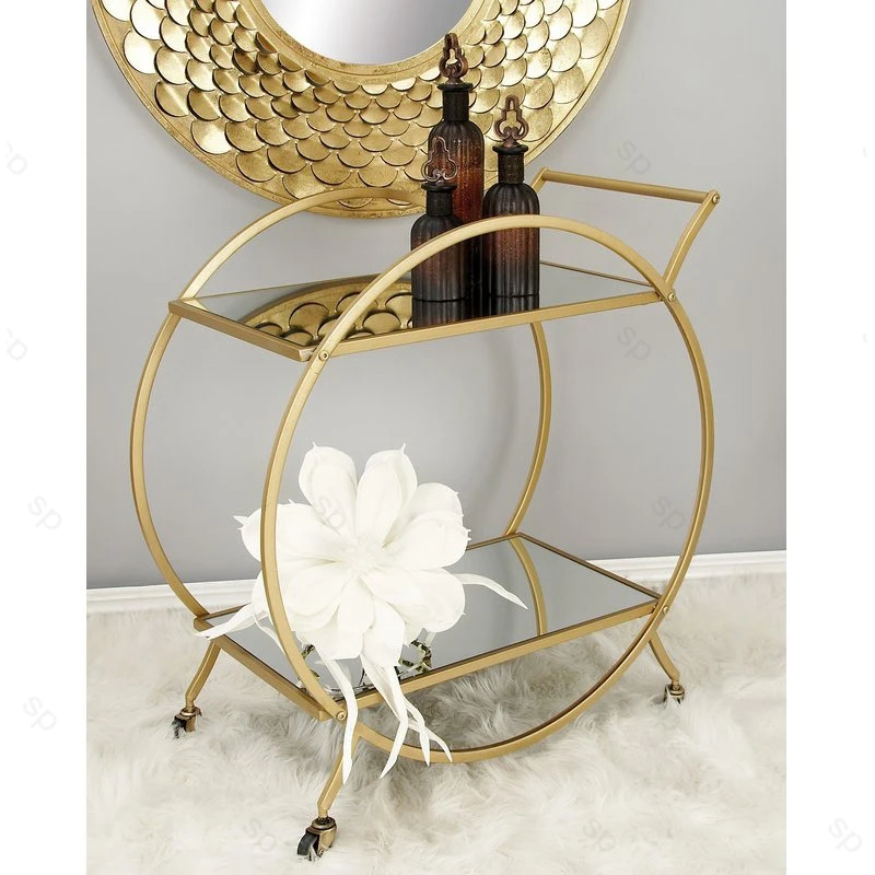 Simple Design Luxury Golden, round Metal Drink Trolley with Glass Afternoon Tea Drink Trolley