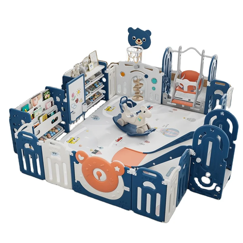 Kids plastic toy fence playground indoor foldable luxury safe baby play pen strap slide and swing