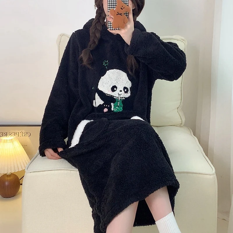 2024 Winter Cute Cartoon Hooded Thick Warm Flannel Nightgowns for Women Long Sleeve Sleepwear Night Dress Nightdress Home Nighty