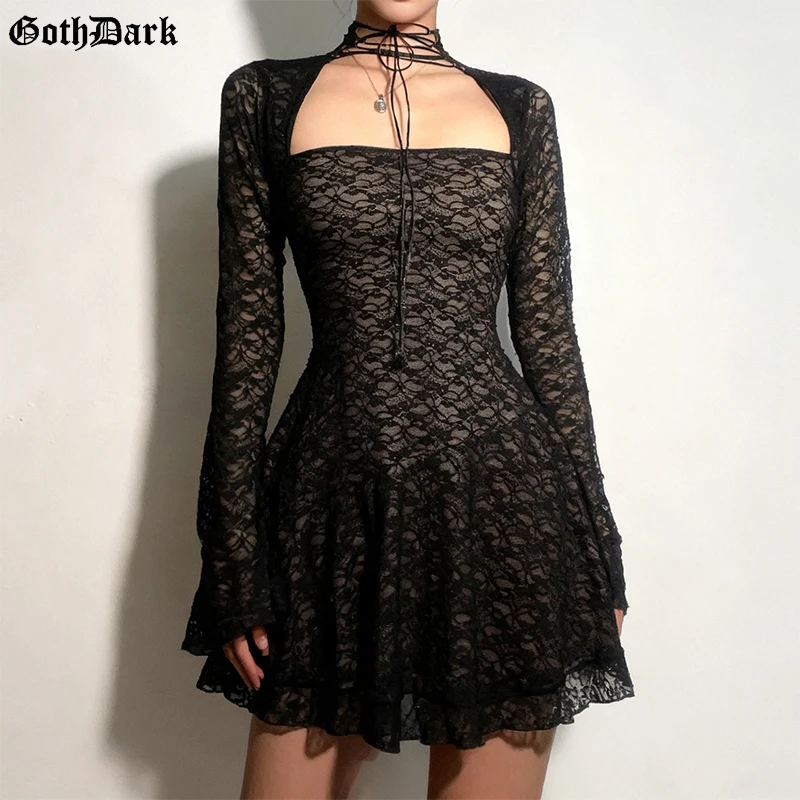 

Goth Dark Fashion A-Line Lace Mini Dress for Women Mall Gothic Outfits Long Sleeve Sexy Backless Square Collar Dresses Halloween