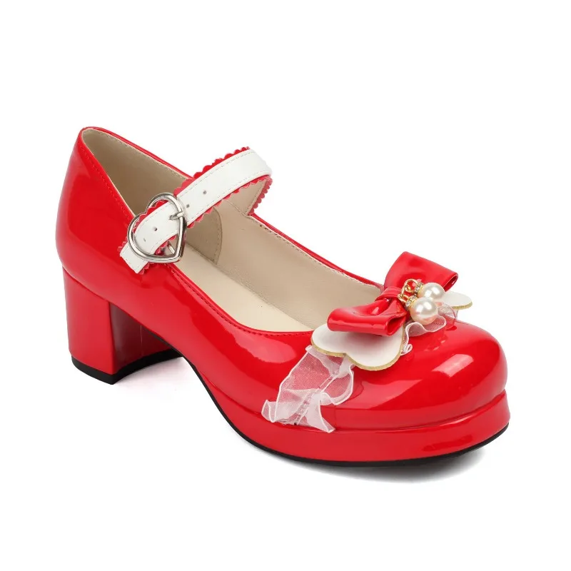 Women Plus Size Lolita Mary Jane Pumps Preppy College Color Block Bow Block Heel Shoes Sweet Kawaii Harajuku Daily Footwear