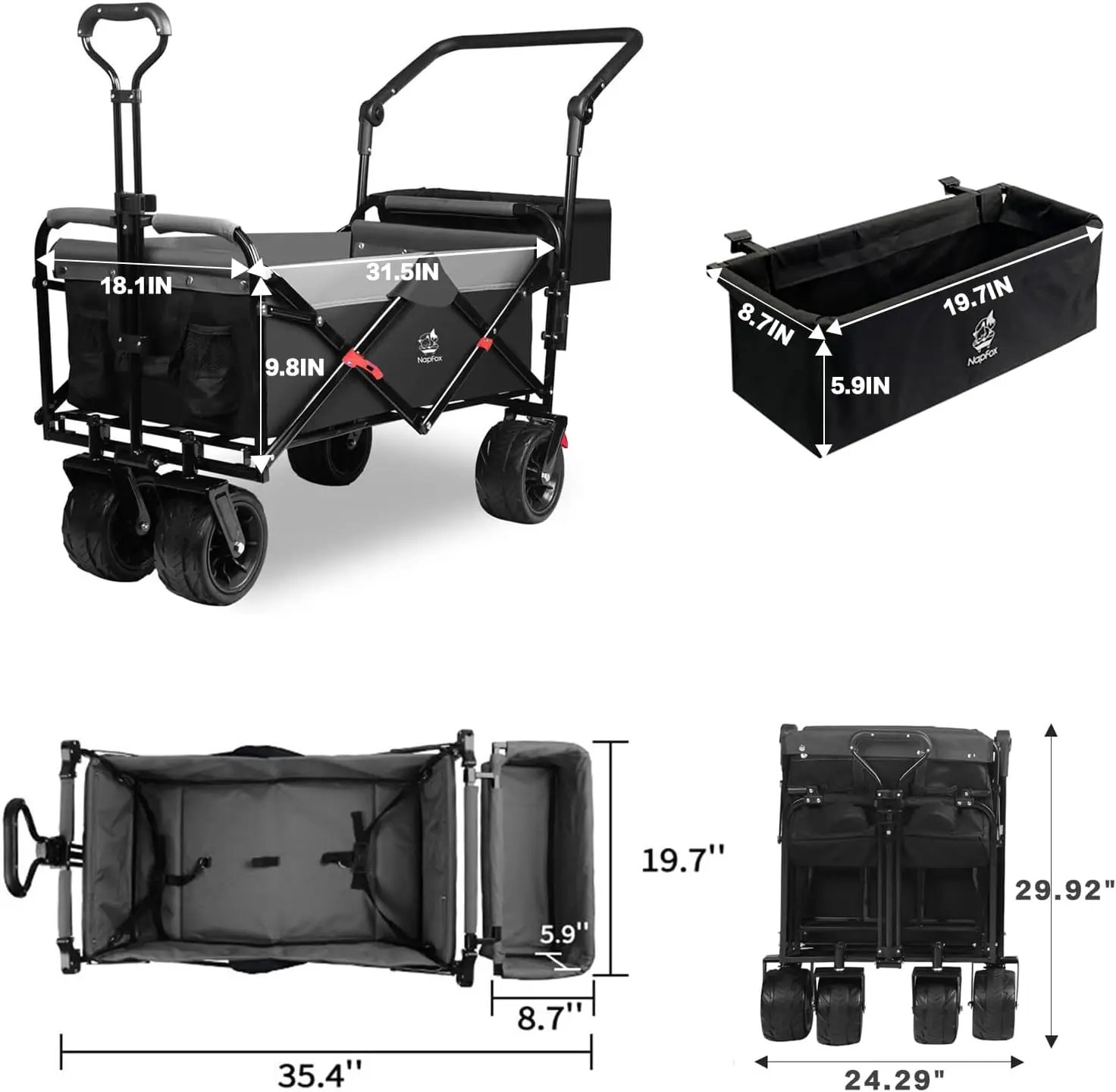 

Collapsible Folding Wagon Cart Utility Wagon with Removable Rear Bag Adjustable Push Pull Handle, All Terrain Beach Wagon