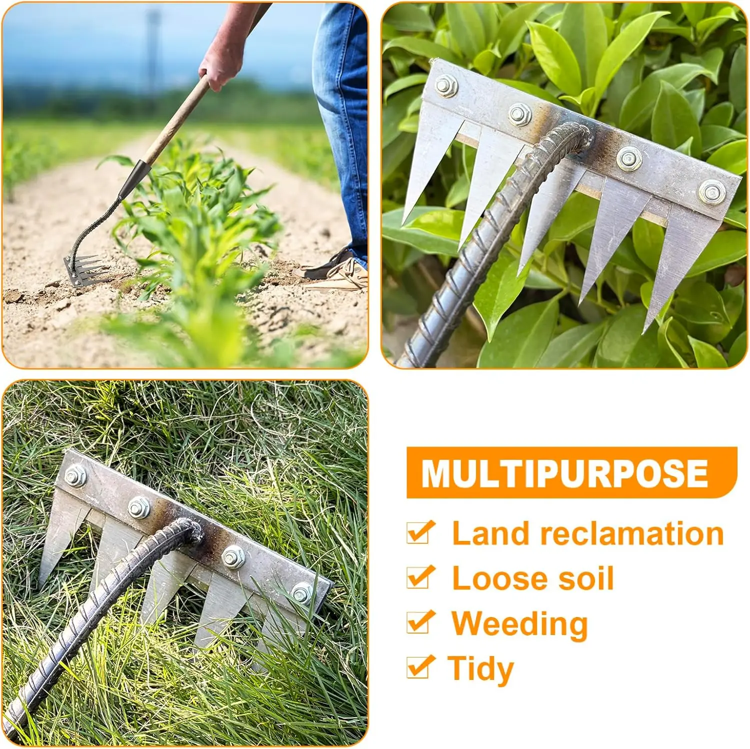 5/6/7/8 Teeth Iron Gardening Hoe Weeding Rake Farm Tool Grasping Raking Loosening Soil Nail Rake Tool Artifact Harrow Farm Tool image 3