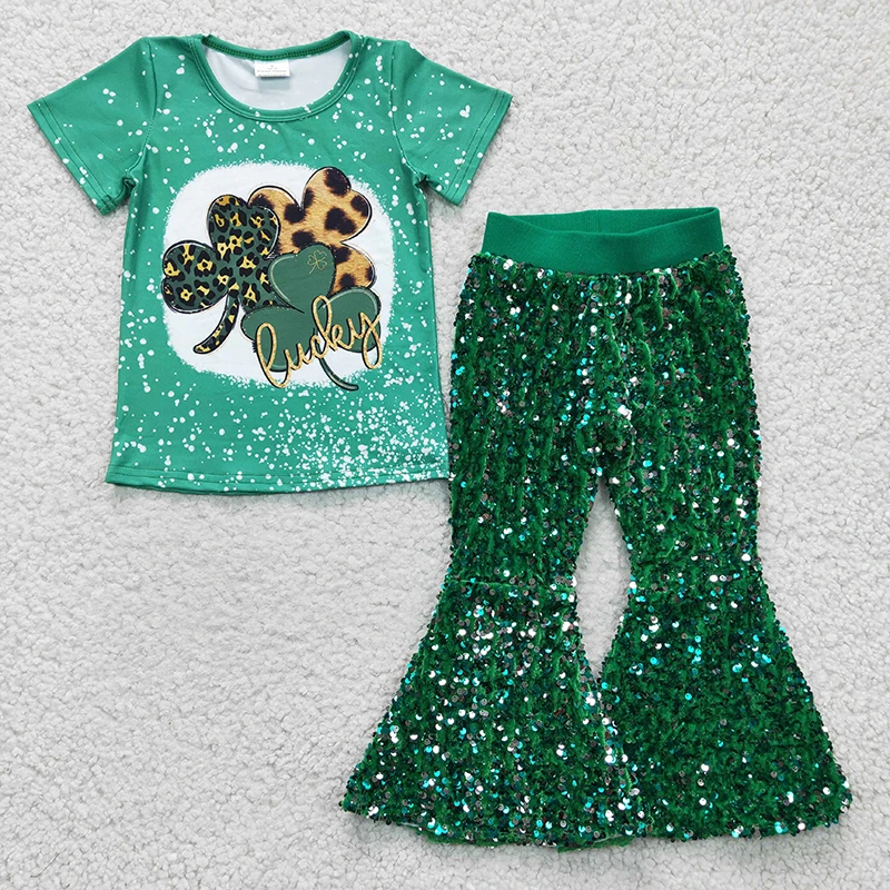 

Baby Girl St. Patrick's Day Toddler Kid Green Short Sleeves Leopard Clover Shirt Outfit Sequins Bell Bottom Pants Children Set