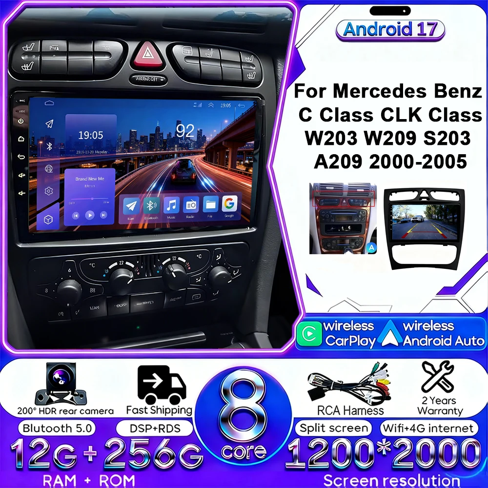 Автомагнитола Android 17 с 4G, Wi-Fi, CarPlay и Android Auto для Mercedes C/CLK Class W203 W209 2000-2005, GPS, сенсорный экран, Bluetooth