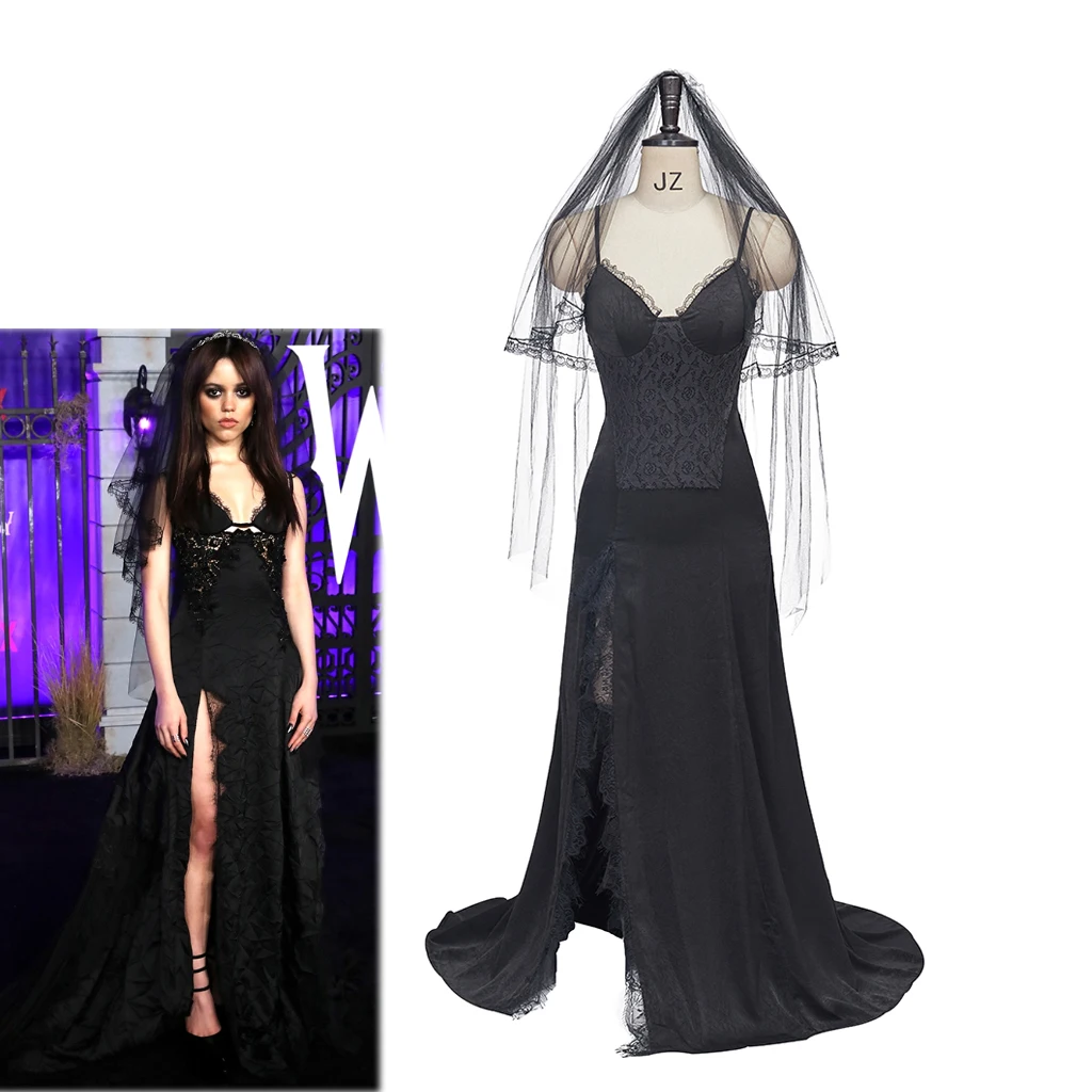 

Wednesday Addams Cosplay Jenna Ortega Premiere Looks Costume Black Floor-length Lace Dress Veil Set Women Goth Dress Halloween