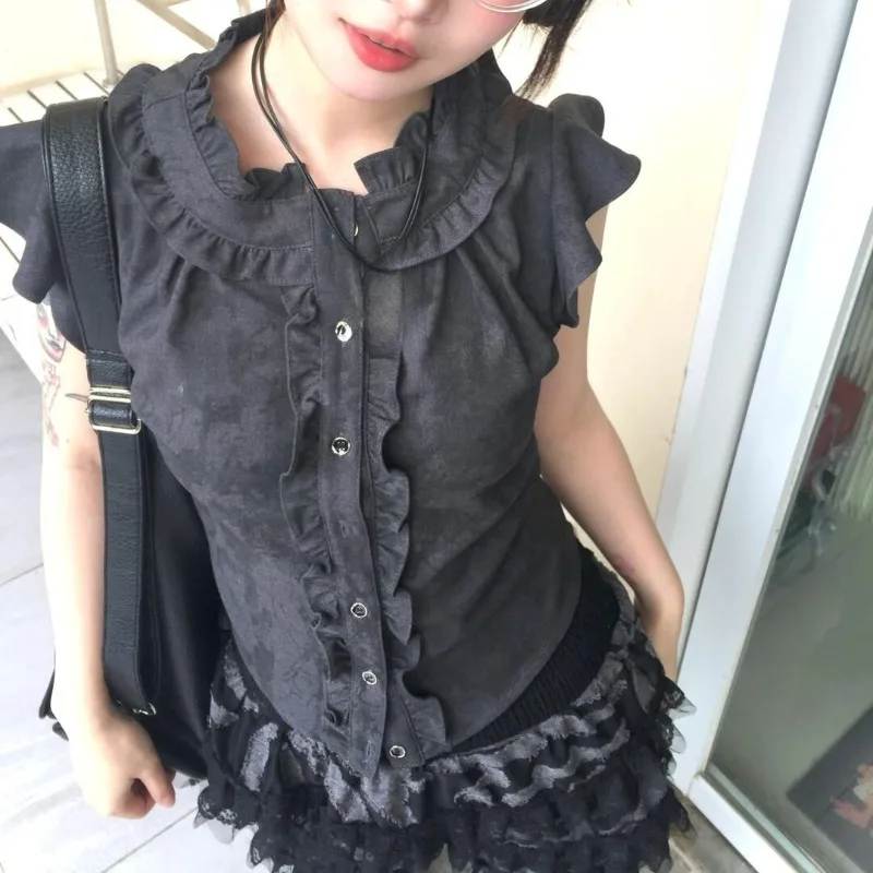 

Black Flying Sleeve Blouse Women Punk Streetwear Ruffled Button Tank Top Shirts Female Summer Slim Girls Tops Aesthetic