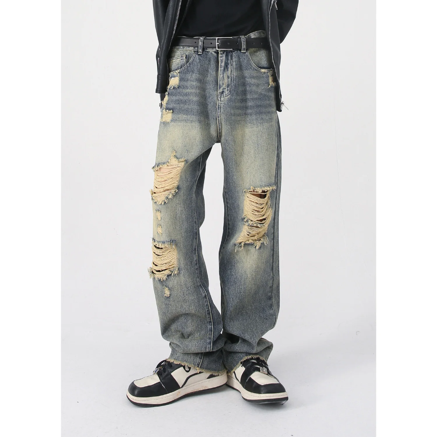 Retro old washed yellowed scratched ripped jeans high street loose straight trousers