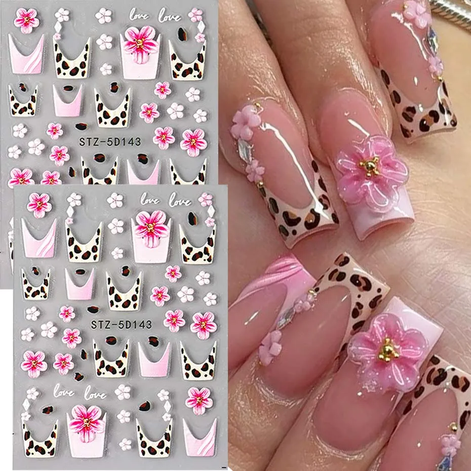 2pcs 5D Pink Flower French Leopard Print Nail Art Sticker Brown Flower & Pink Flower Design Nail Sliders DIY Manicure Decoration