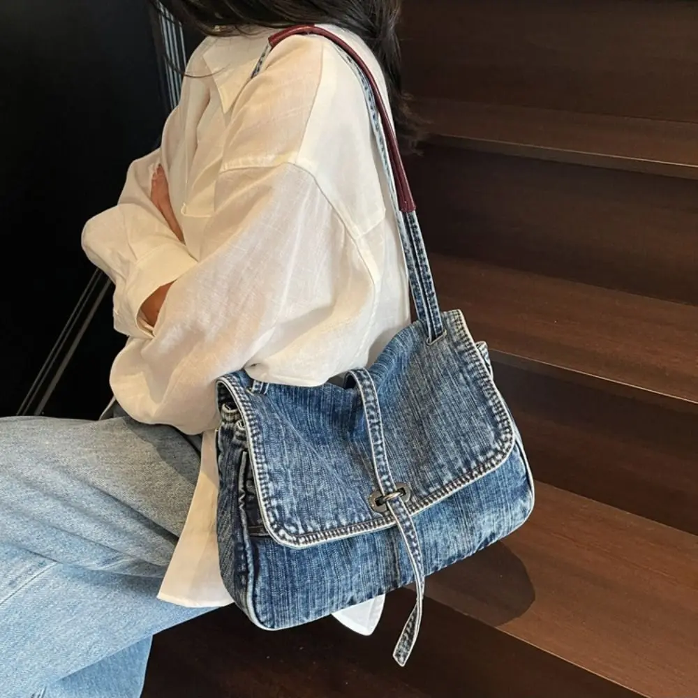 

Casual Retro Denim Cloth Bag Large Capacity Simple Vintage Handbag Solid Color Shopping Bag Canvas Tote Bag Students