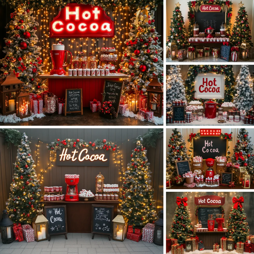 

Christmas Hot Cocoa Photography Backdrop Warm Light Xmas Tree Gift Winter Family Kids Holiday Party Photo Background Decor Prop