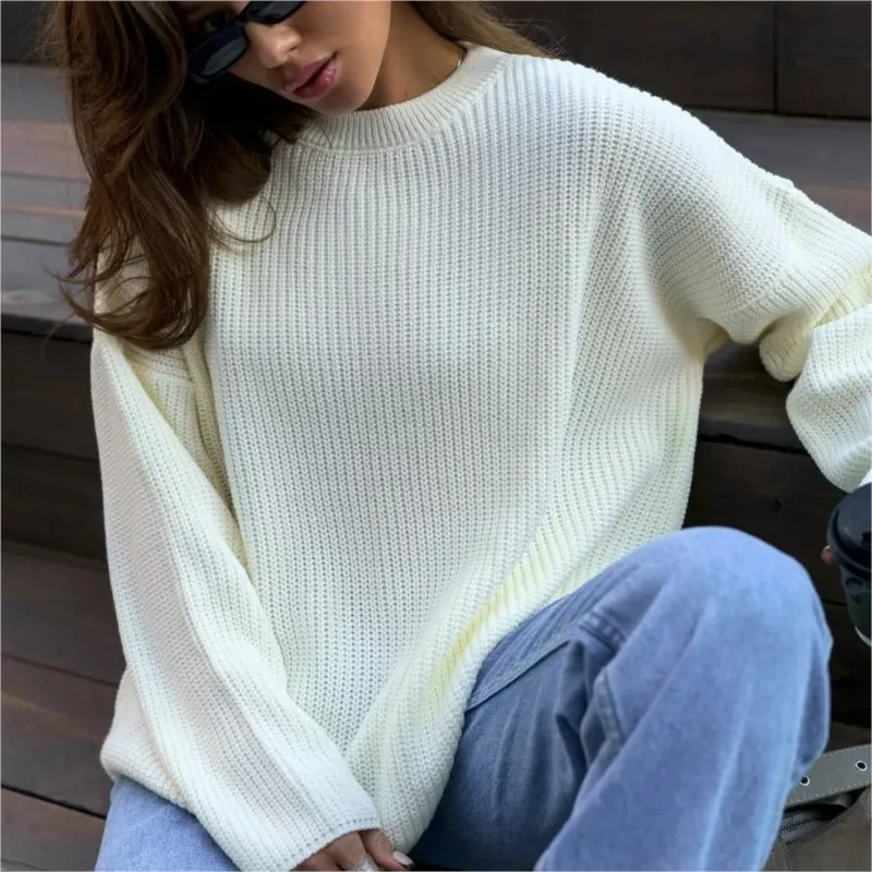

New Fashion Street Women's Sweater Solid Color O Neck Loose Knitted Pullovers 2025 Autumn Winter Casual Loose Sweaters Female