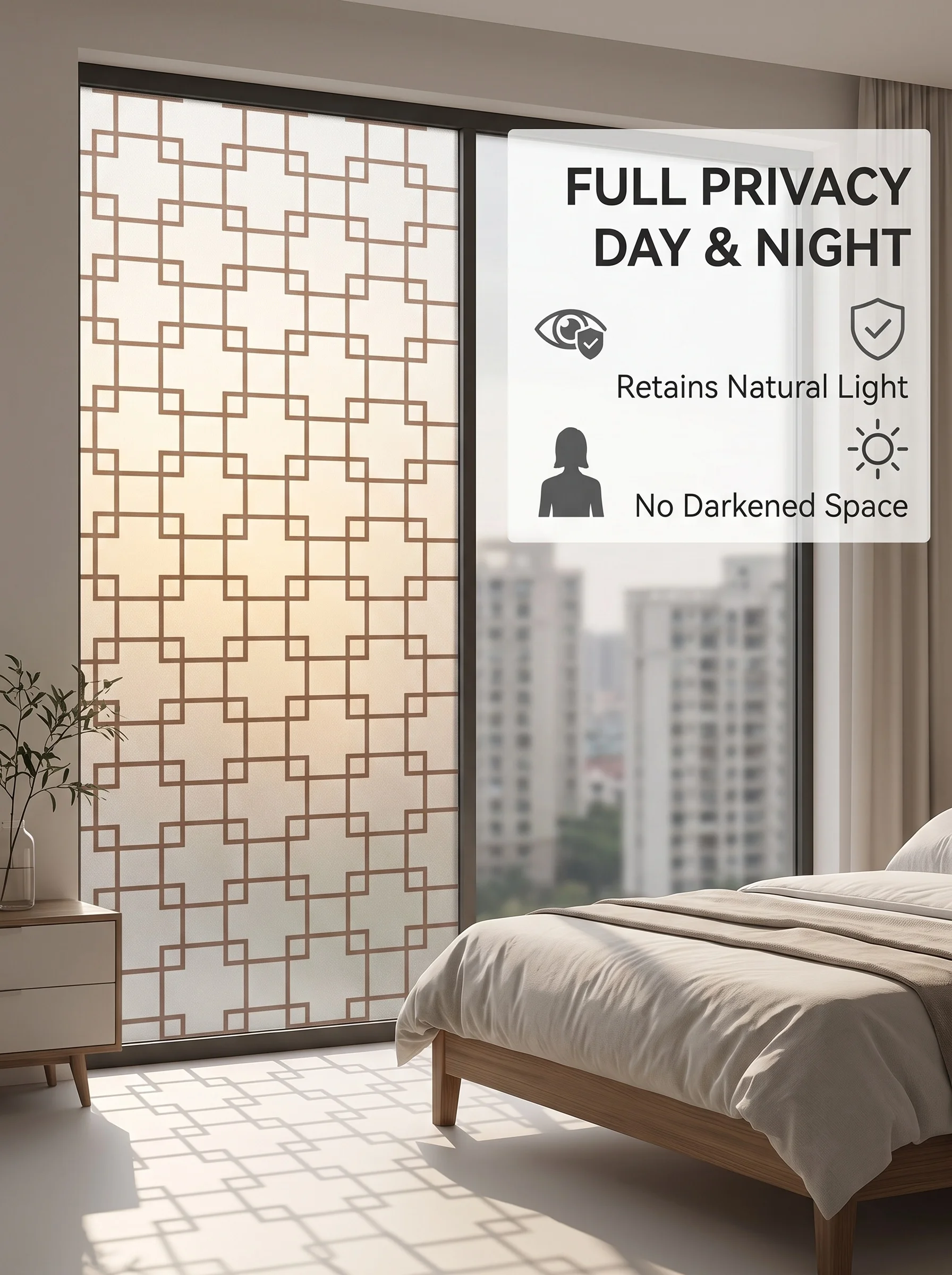 Geometric Grid Self‑Stick Window Privacy Film Self‑Adhesive Decorative Glass Decal Anti‑Peeping Removable for Apartment Living