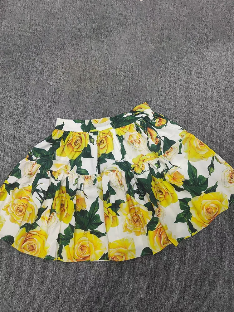 Retro and elegant spring and summer new yellow rose printed short-sleeved blouse+high waist and big skirt fashion two-piece suit