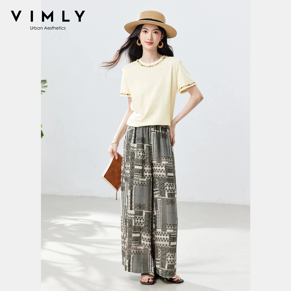 

Комплект VIMLY из 2 предметов: футболка с коротким рукавом и бисерной отделкой, винтажный принт, широкие брюки, лето 2026, новинка A6112