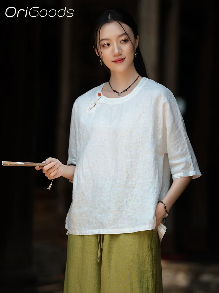 OriGoods Camicetta di lino estiva 2025 Nuova camicia di lino 100% manica corta Donna Stile cinese Vintage Loose Fit Top di lino Tshirt C124