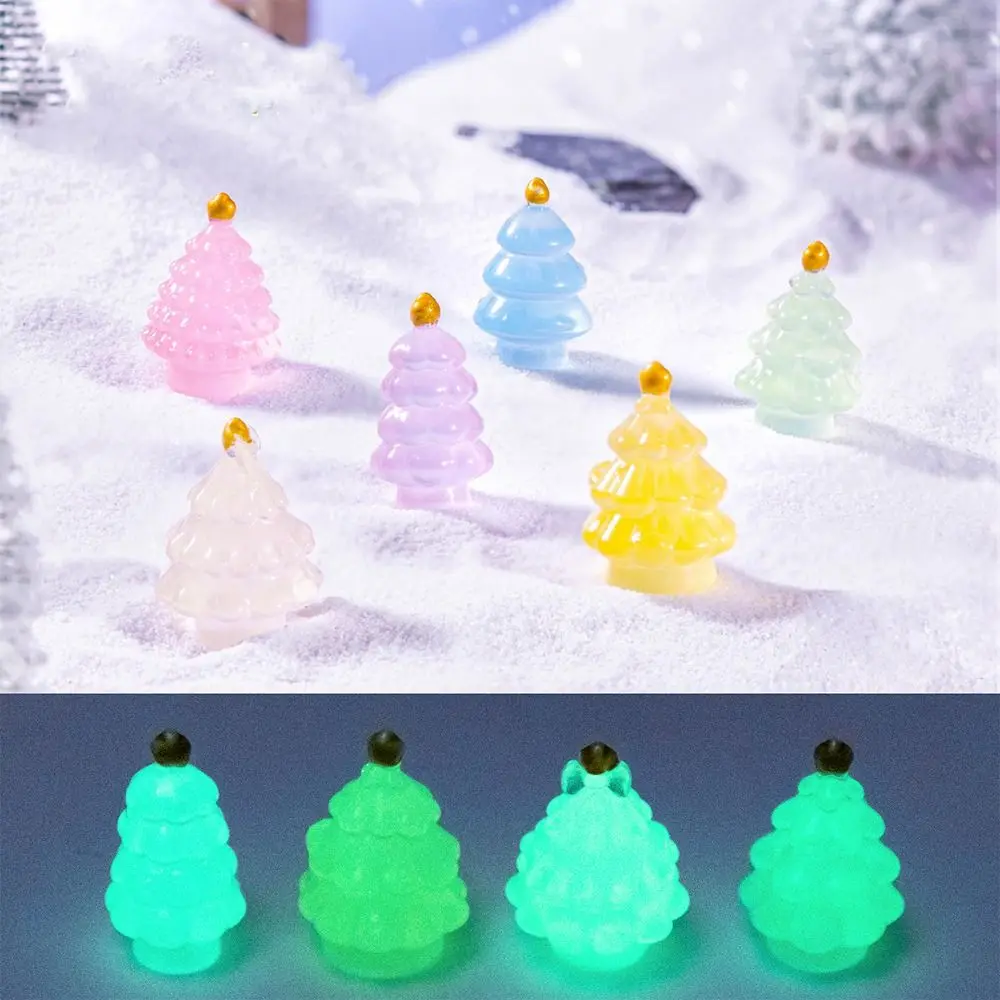 10pcs Cute Luminous Christmas Tree Figurines Glowing in Dark Colorful Mini Christmas Tree Statue Cartoon Resin Crafts