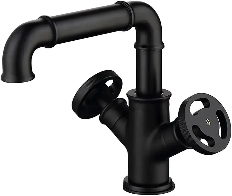 KunMai Industrial Pipe Single Hole Two Handles Bathroom Sink Faucet Double Handles Solid Brass in Matte Black